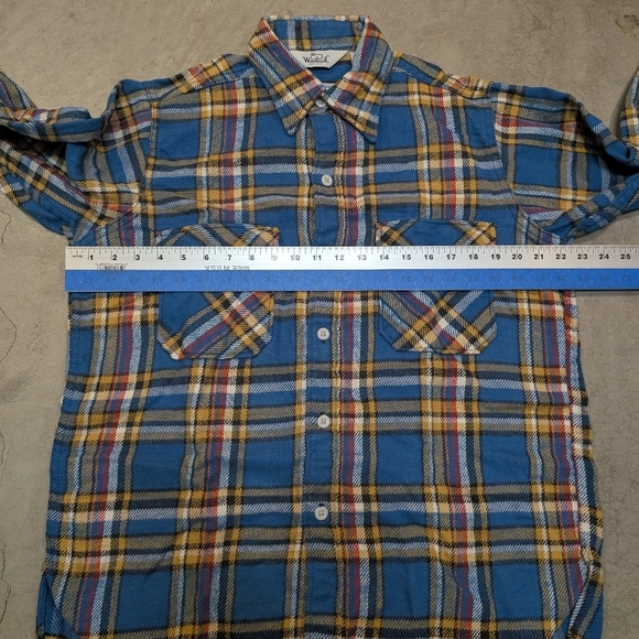 VTG Woolrich Flannel Mens L Blue Yellow Plaid 60s-70s - Picture 4 of 6